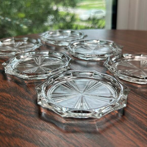 Vintage French Riem Glass Coasters Set of 6 – Starburst Cut Design Tableware - Picture 3 of 10